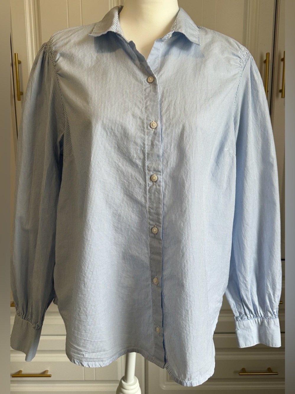 Old Navy pinstriped Ladies Light Blue Button-Up Shirt -Size Large